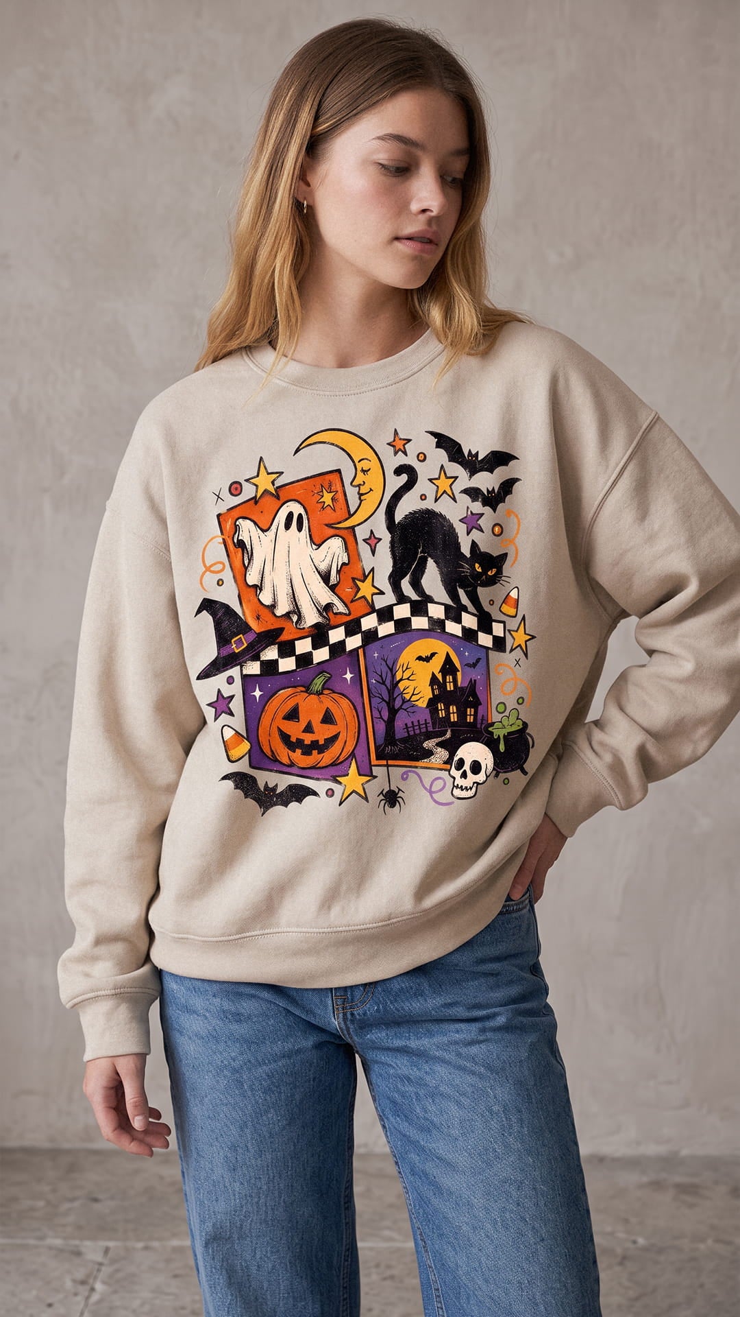 Vintage Halloween Collage Sweatshirt | Ghost, Cat & Pumpkin