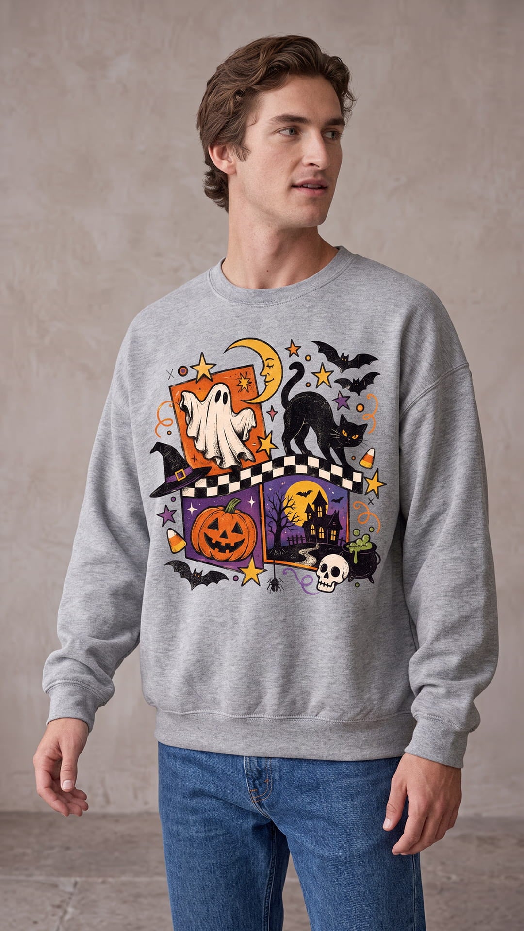 Vintage Halloween Collage Sweatshirt | Ghost, Cat & Pumpkin