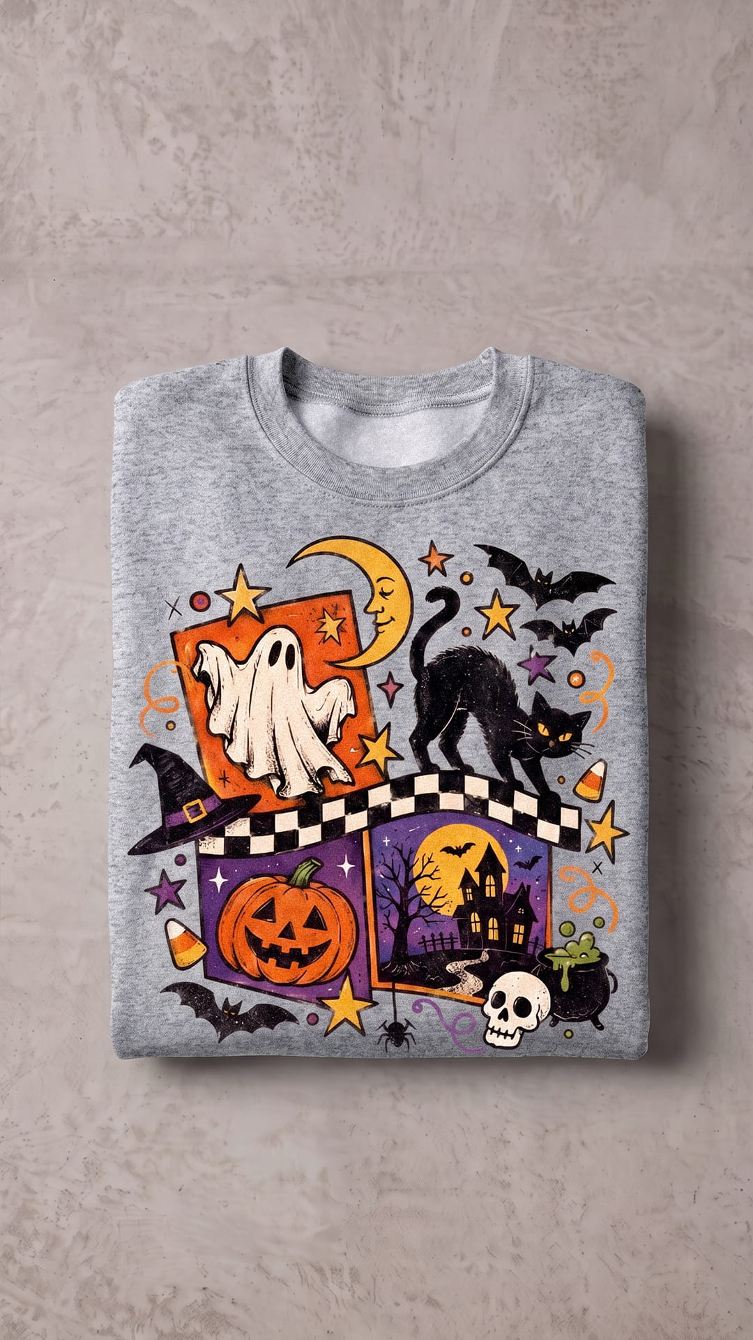 Vintage Halloween Collage Sweatshirt | Ghost, Cat & Pumpkin
