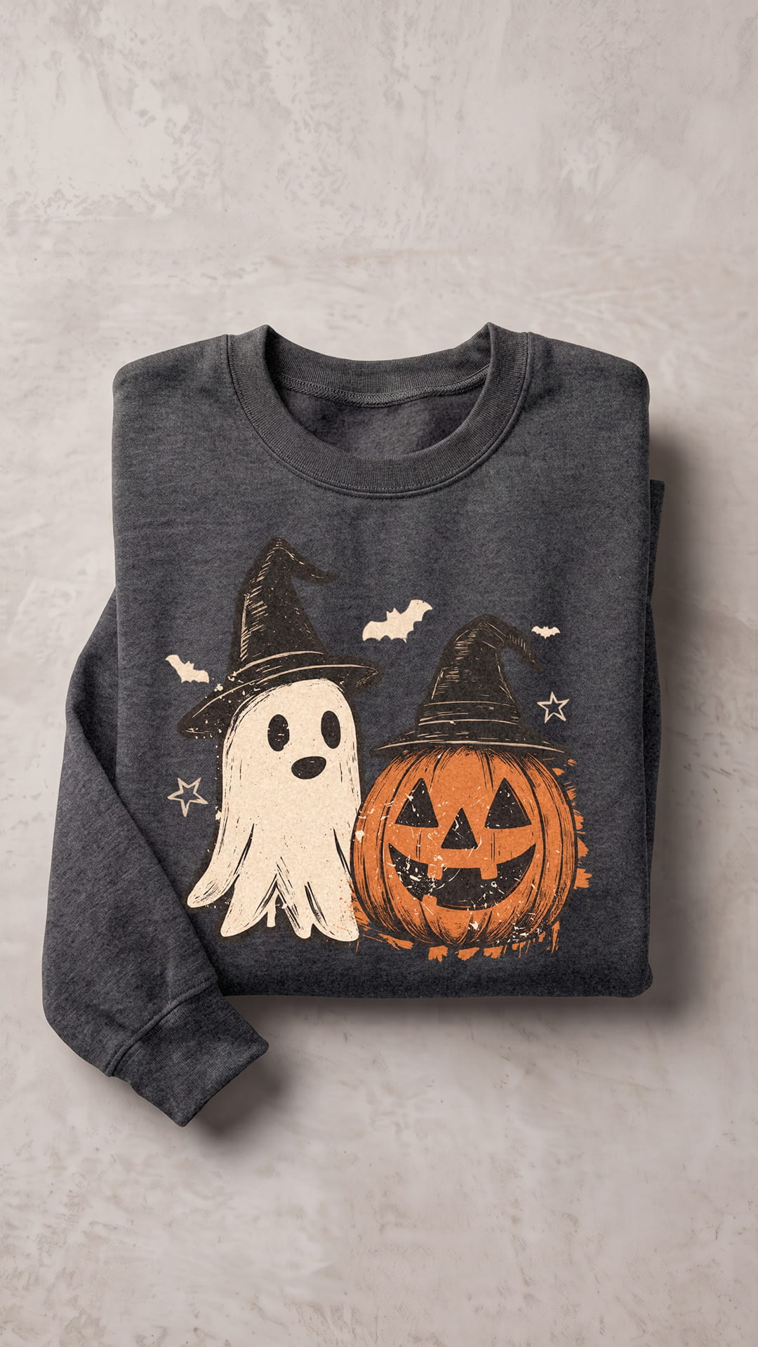 Ghost & Pumpkin Halloween Sweatshirt | Vintage Witch Hat Design