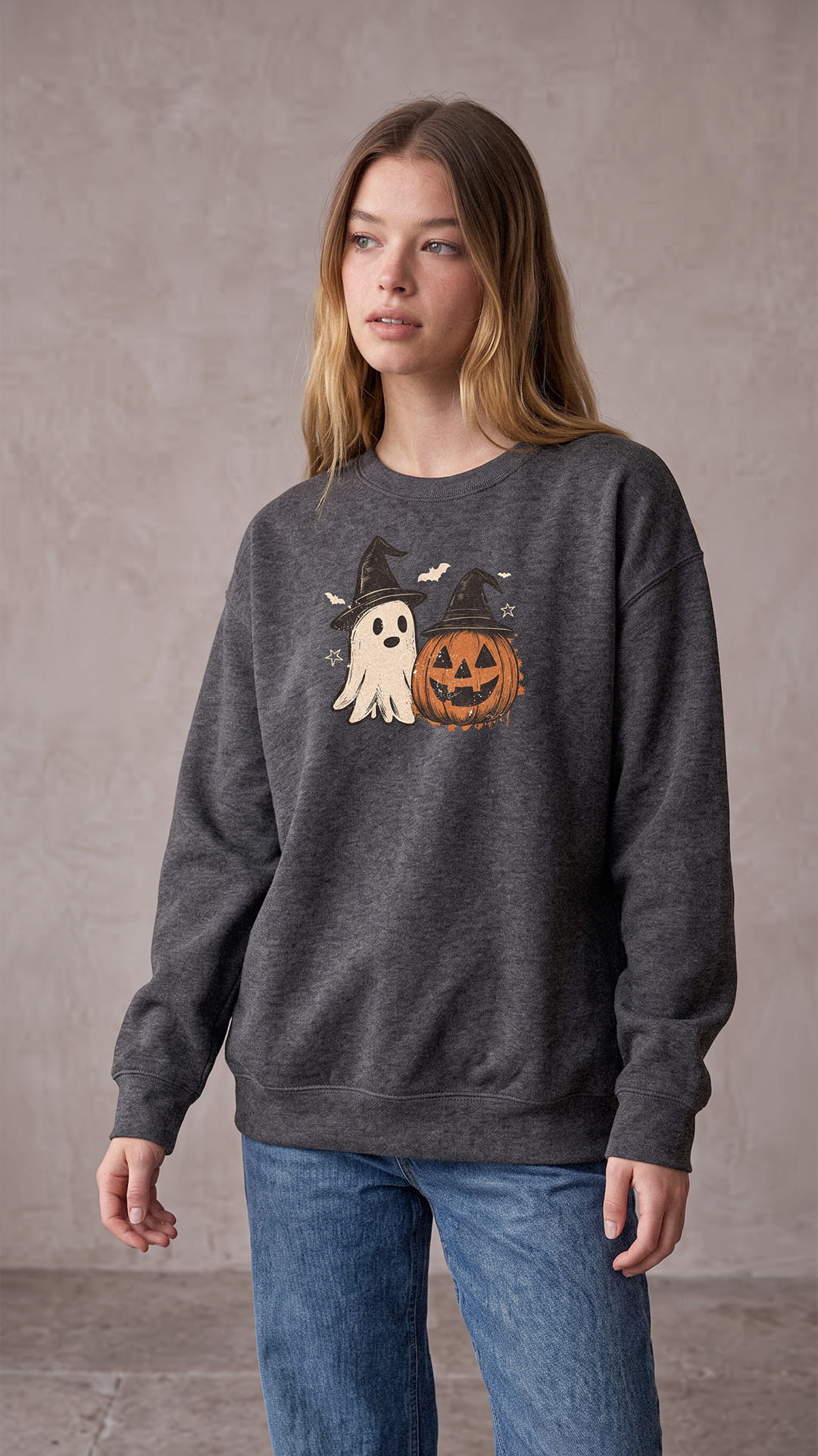 Ghost & Pumpkin Halloween Sweatshirt | Vintage Witch Hat Design