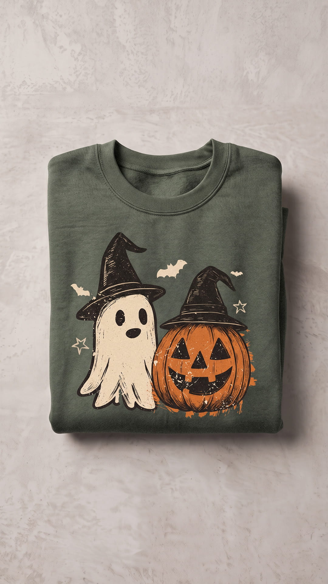 Ghost & Pumpkin Halloween Sweatshirt | Vintage Witch Hat Design
