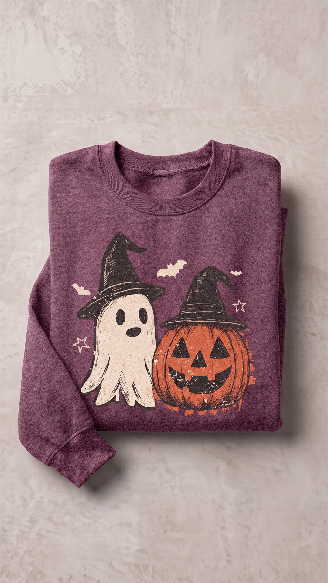 Ghost & Pumpkin Halloween Sweatshirt | Vintage Witch Hat Design
