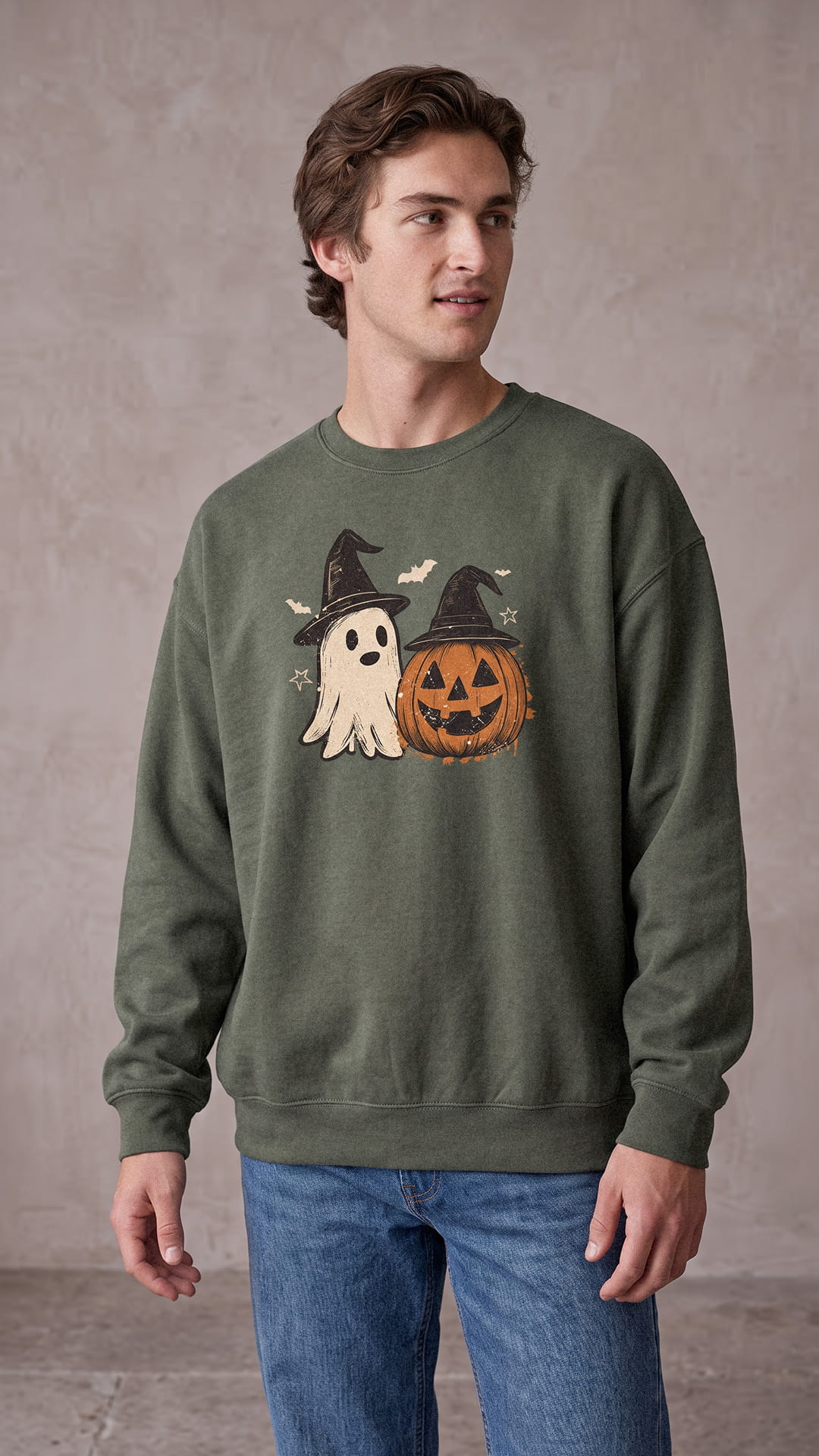 Ghost & Pumpkin Halloween Sweatshirt | Vintage Witch Hat Design