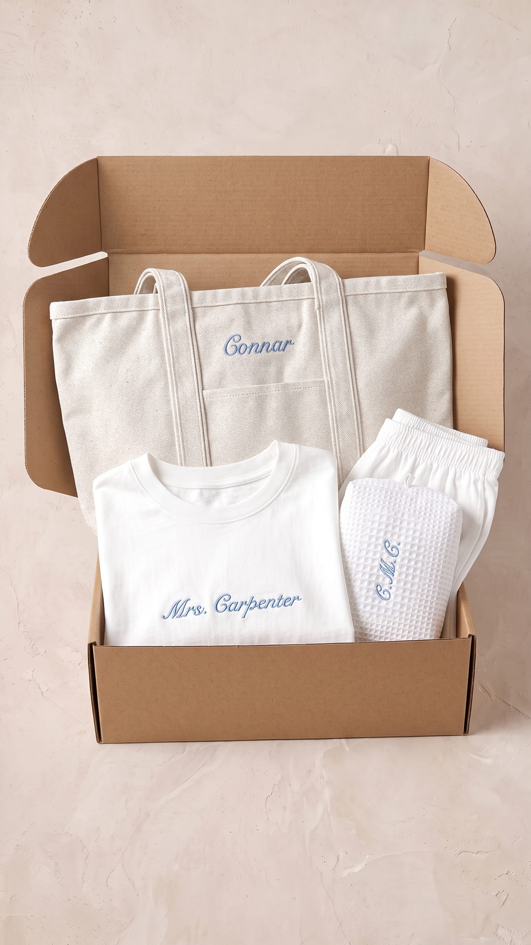 Personalized Mrs. Gift Box | Mrs. Script Crop or Boxy Tee, Bridal Shorts, Tote & Makeup Bag