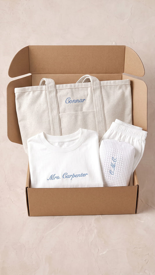 Personalized Mrs. Gift Box | Mrs. Script Crop or Boxy Tee, Bridal Shorts, Tote & Makeup Bag
