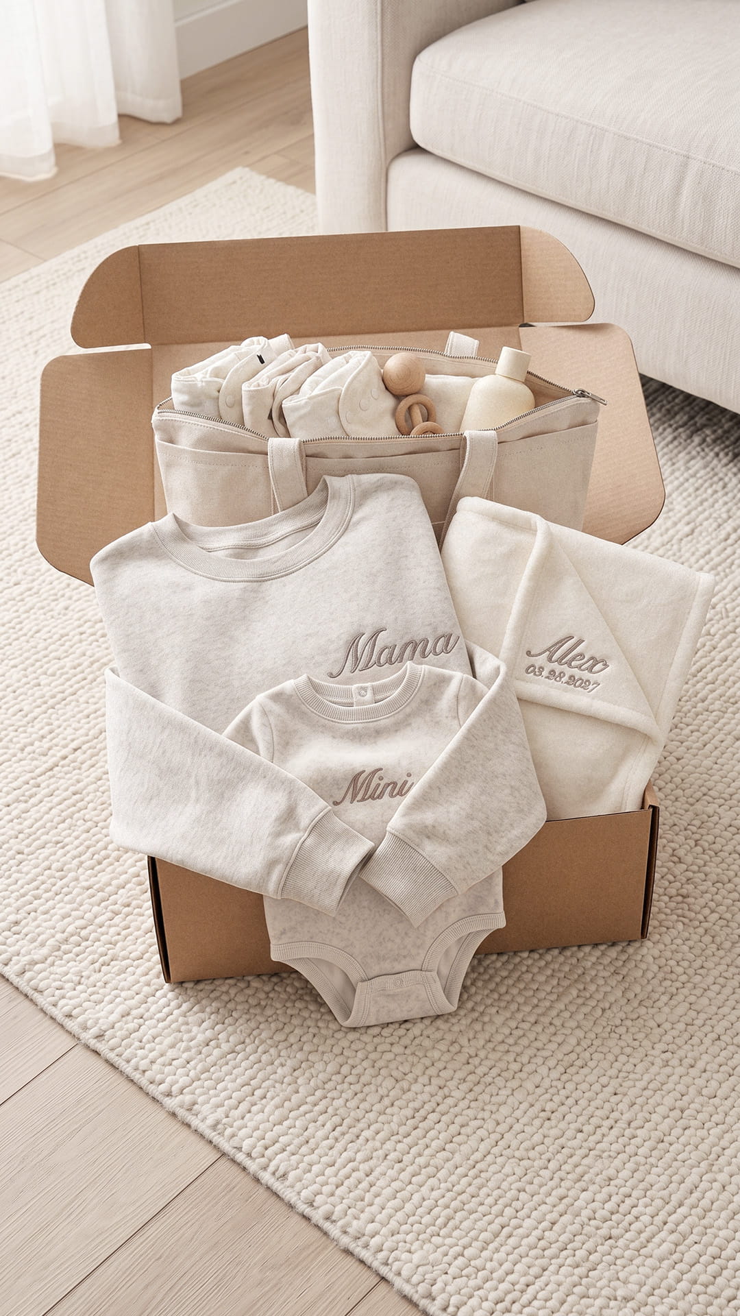Mama & Mini New Mom Gift Set | Embroidered Sweatshirt, Baby Bodysuit, Personalized Blanket & Tote