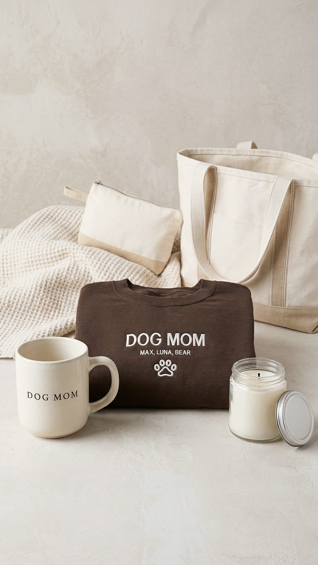 Dog Mom Gift Box | Personalized Pet's Name Sweatshirt, Tote, Mug, Candle, Accessory Pouch & Waffle Throw