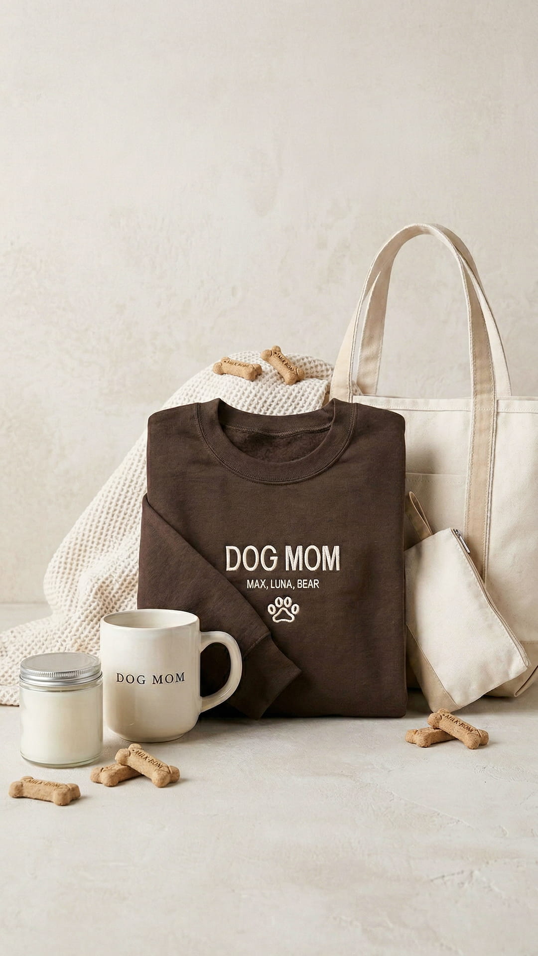 Dog Mom Gift Box | Personalized Pet's Name Sweatshirt, Tote, Mug, Candle, Accessory Pouch & Waffle Throw