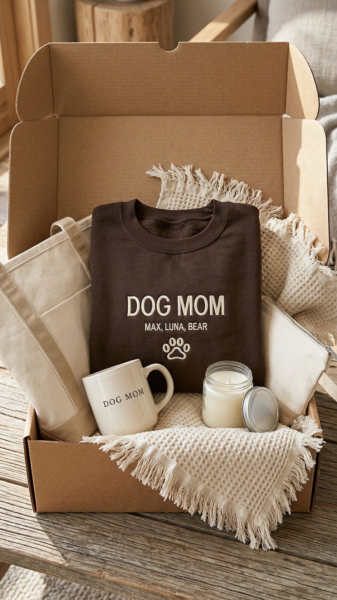 Dog Mom Gift Box | Personalized Pet's Name Sweatshirt, Tote, Mug, Candle, Accessory Pouch & Waffle Throw