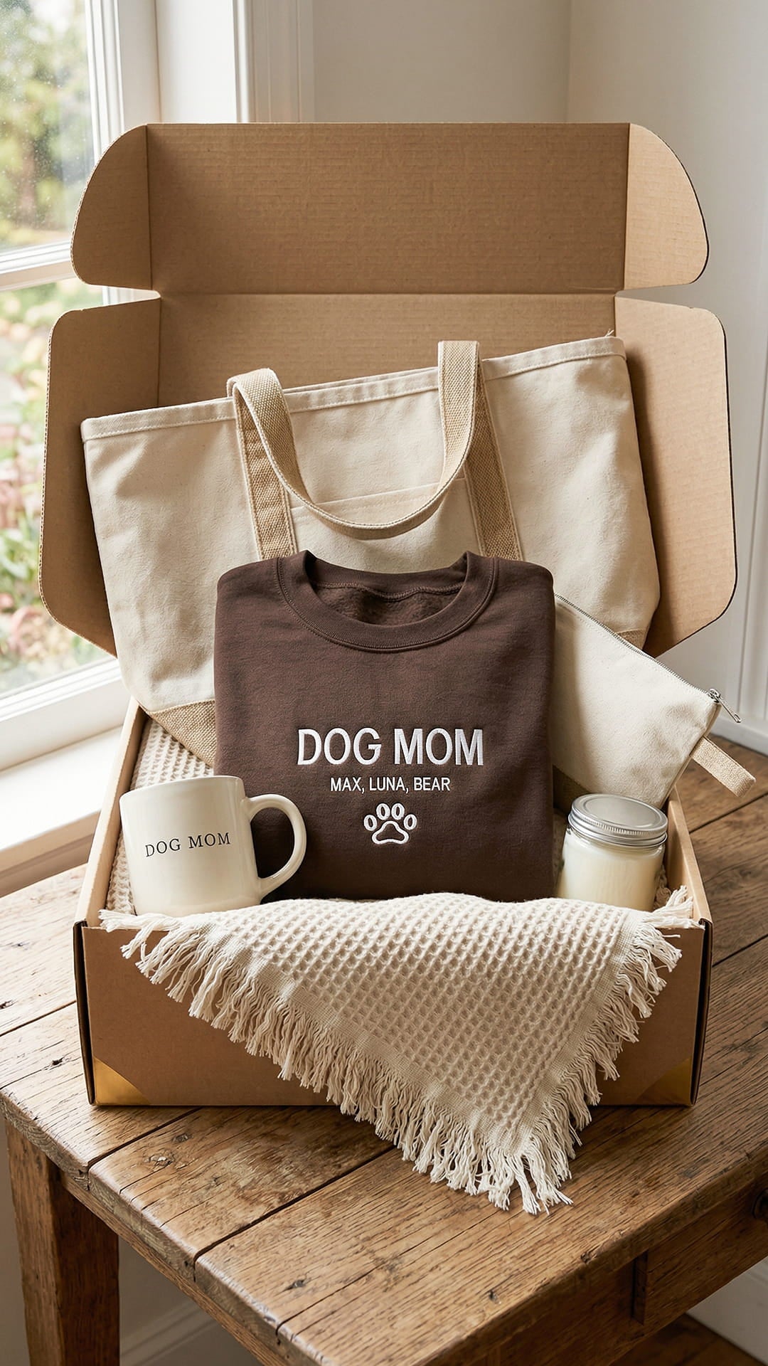 Dog Mom Gift Box | Personalized Pet's Name Sweatshirt, Tote, Mug, Candle, Accessory Pouch & Waffle Throw