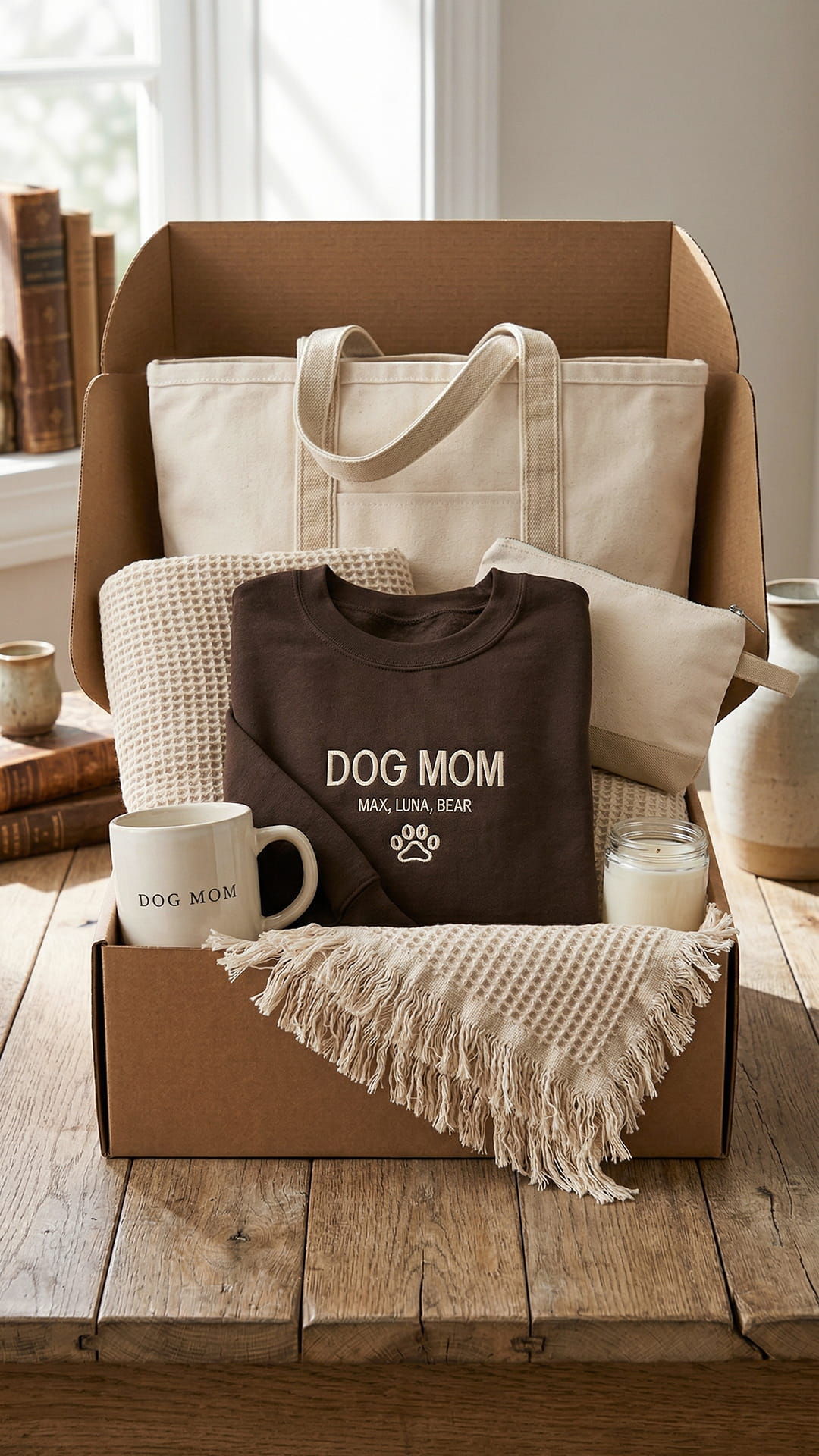 Dog Mom Gift Box | Personalized Pet's Name Sweatshirt, Tote, Mug, Candle, Accessory Pouch & Waffle Throw