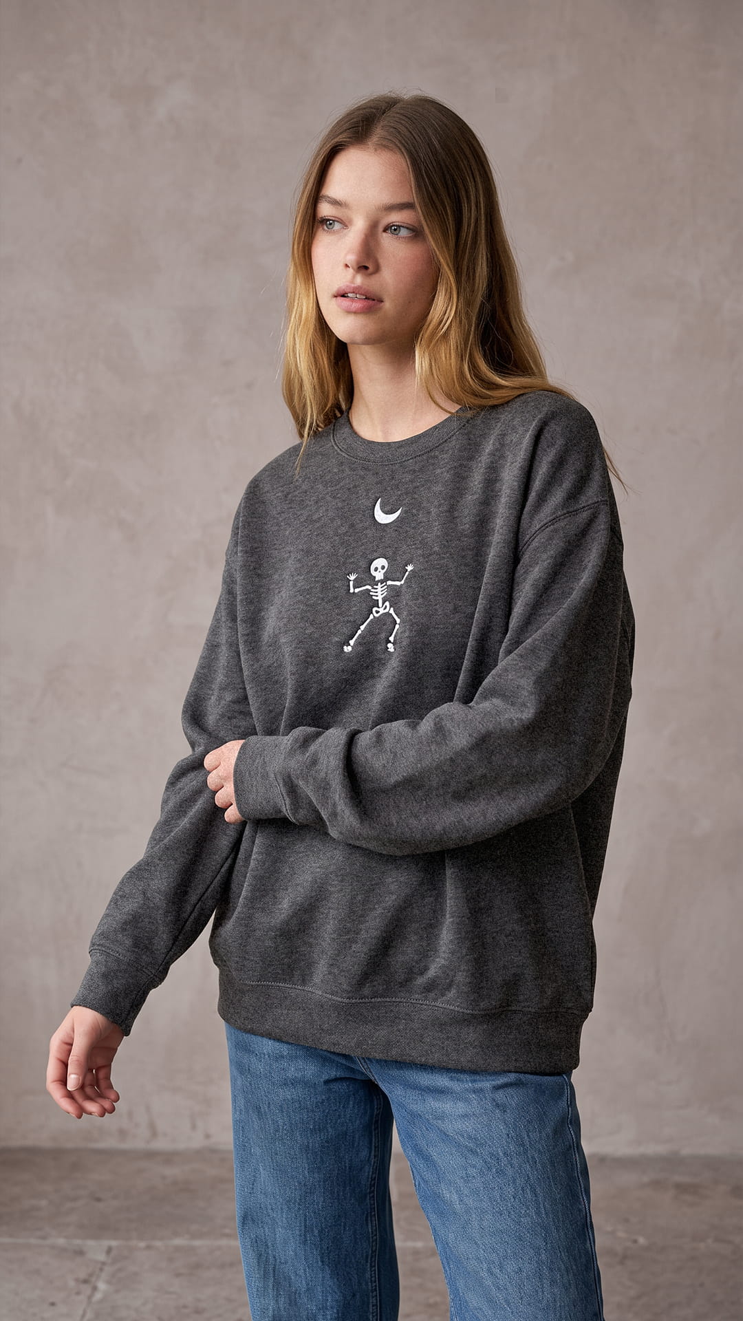 Embroidered Dancing Skeleton Halloween Sweatshirt | Crescent Moon