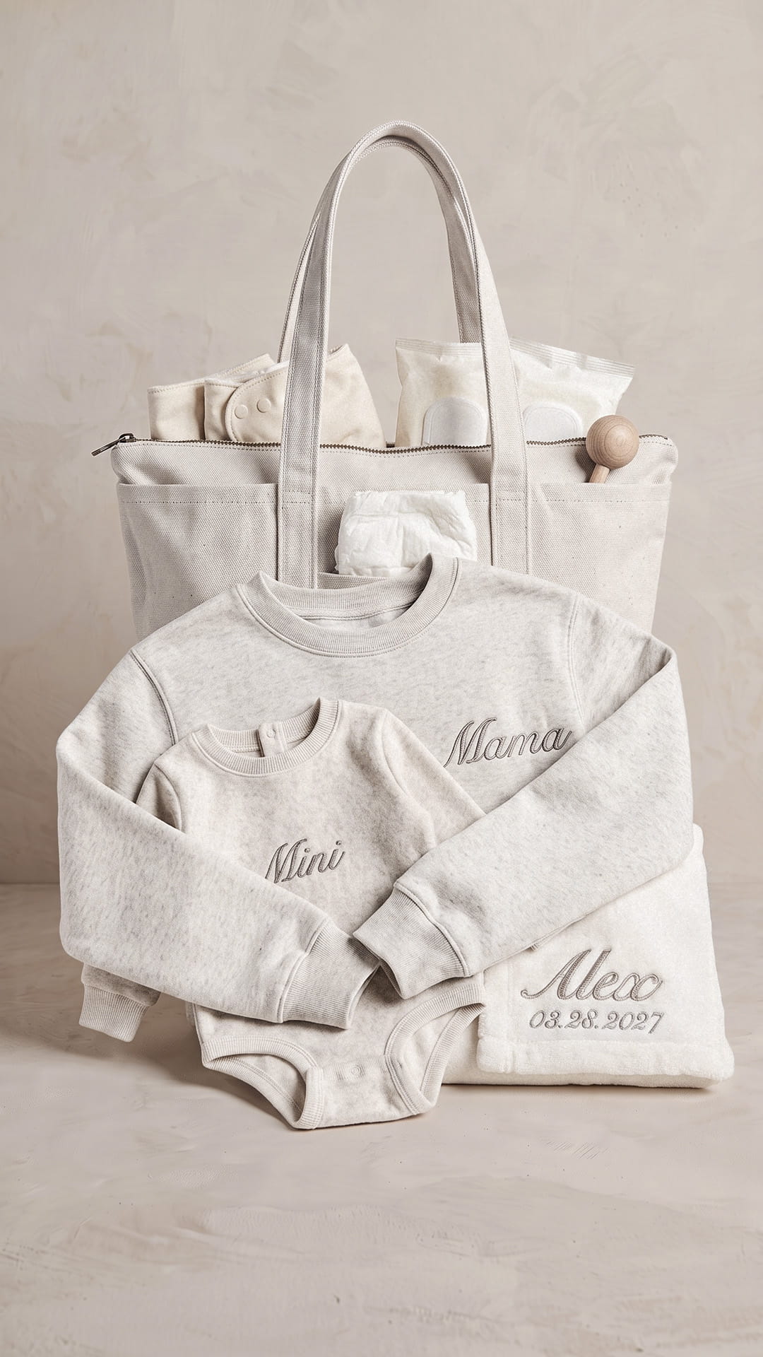Mama & Mini New Mom Gift Set | Embroidered Sweatshirt, Baby Bodysuit, Personalized Blanket & Tote