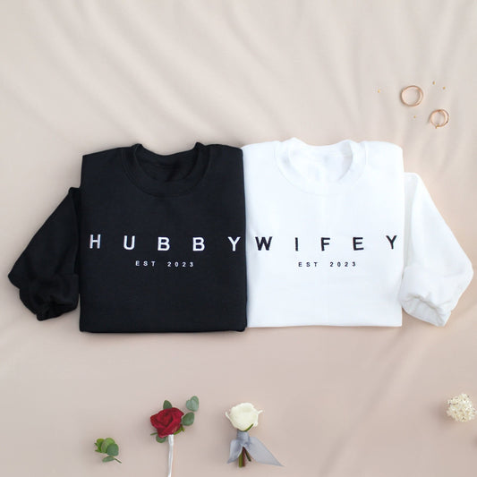 WIFEY HUBBY Embroidered Custom EST Crewneck Sweatshirt