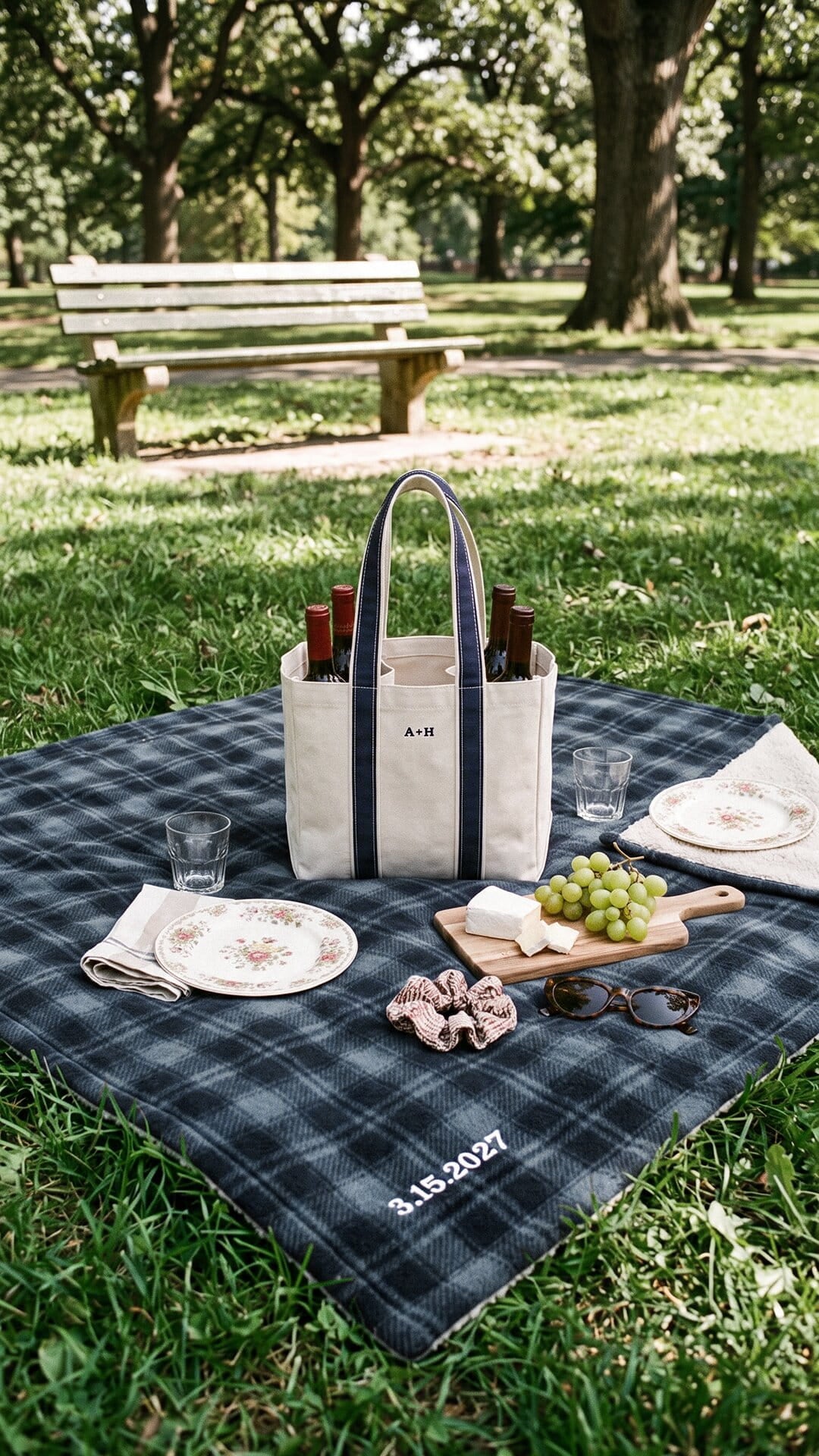 Personalized Anniversary Picnic Set | Embroidered Blanket & Wine Carrier