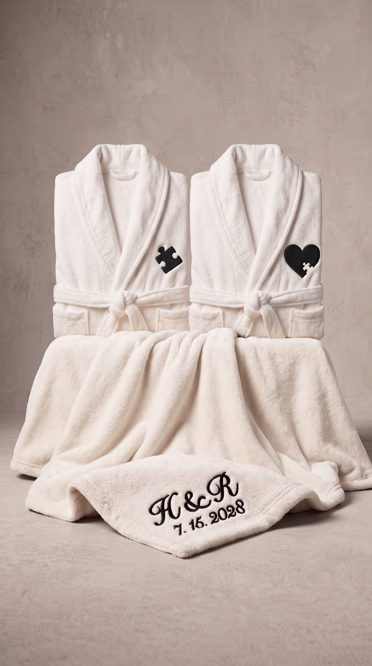 Puzzle Piece Couples Robes with Blanket Set | Initials & Date Anniversary Gift