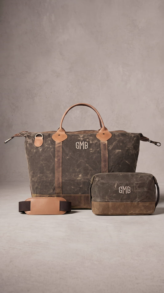 Personalized Waxed Canvas Weekender & Dopp Kit Set | Monogrammed Travel Gift