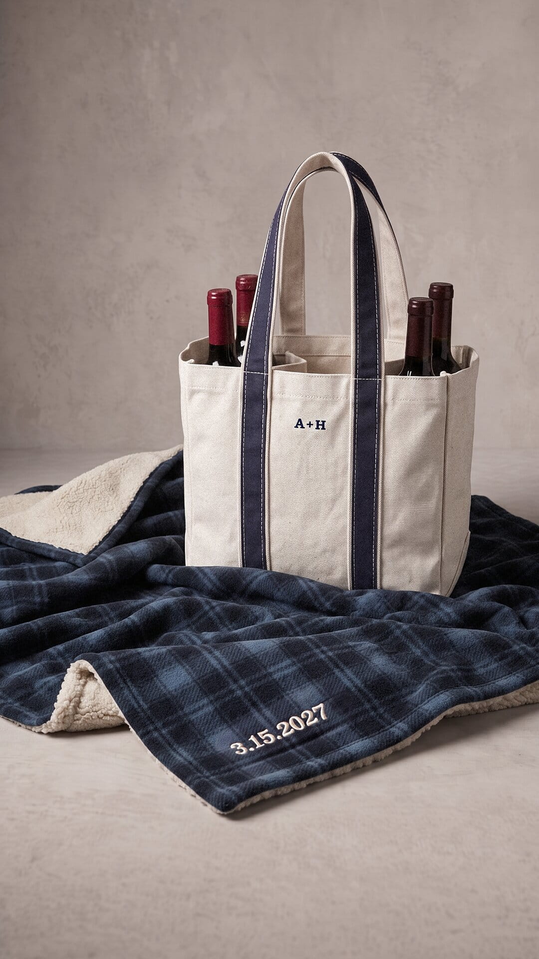 Personalized Anniversary Picnic Set | Embroidered Blanket & Wine Carrier