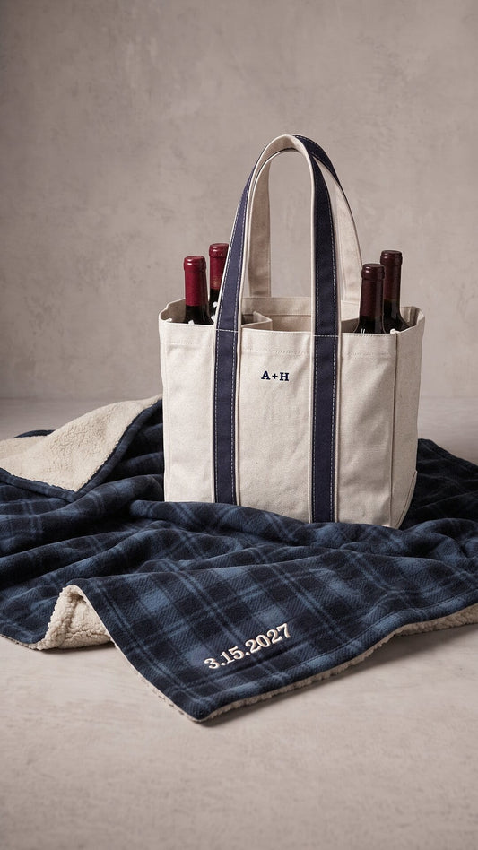 Personalized Anniversary Picnic Set | Embroidered Blanket & Wine Carrier