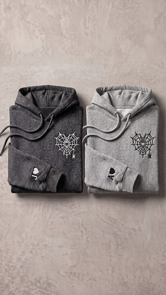 Personalized Halloween Couples Hoodie | Spider Web Heart & Custom Sleeve